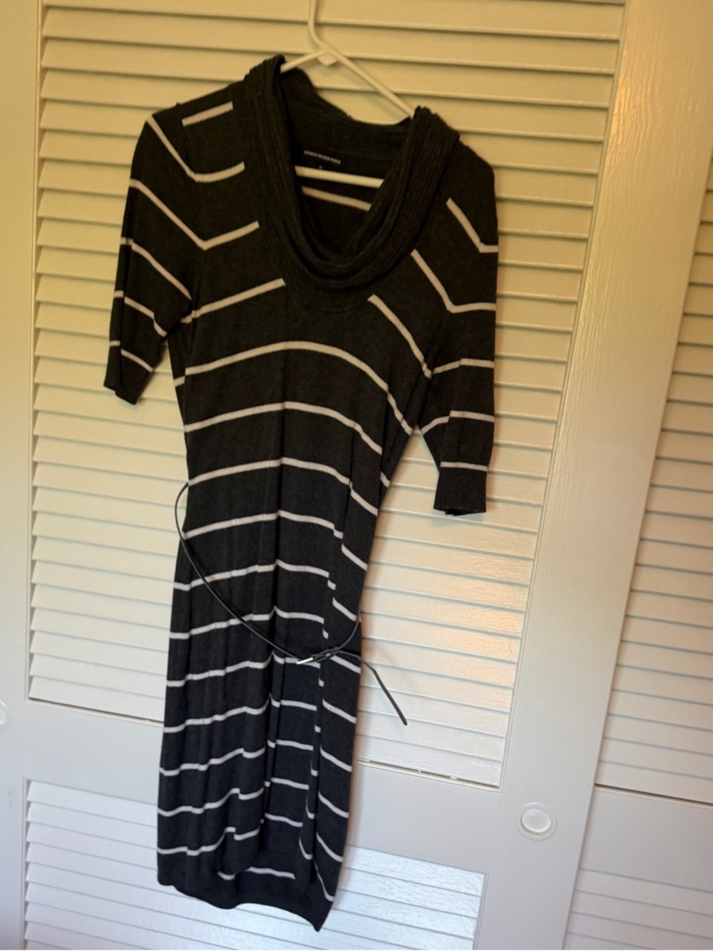 Express Charcoal and White Striped Cowl-Neck Midi Dress